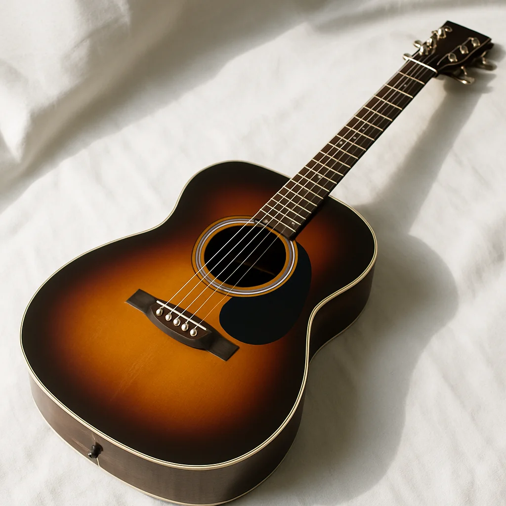 A well-worn sunburst electric guitar resting against a vintage tube amplifier in a warm, dimly lit rehearsal room, with a pedalboard visible on the floor